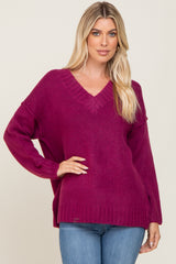 Magenta V-Neck Brushed Knit Maternity Sweater