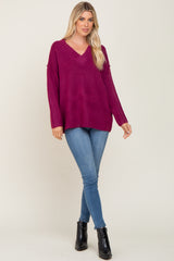 Magenta V-Neck Brushed Knit Sweater