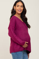 Magenta V-Neck Brushed Knit Maternity Sweater