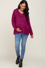 Magenta V-Neck Brushed Knit Maternity Sweater