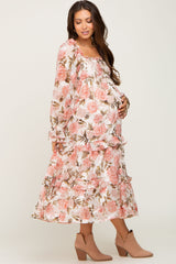 Cream Floral Ruffle Tiered Maternity Midi Dress