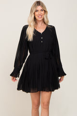 Black Pleated Waist Tie Long Sleeve Maternity Dress