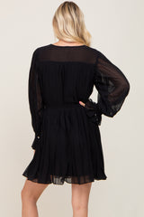 Black Pleated Waist Tie Long Sleeve Dress