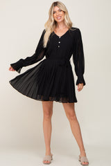 Black Pleated Waist Tie Long Sleeve Dress