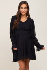 Black Pleated Waist Tie Long Sleeve Maternity Dress