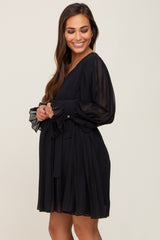 Black Pleated Waist Tie Long Sleeve Maternity Dress