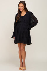 Black Pleated Waist Tie Long Sleeve Maternity Dress