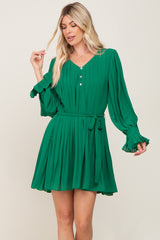 Green Pleated Waist Tie Long Sleeve Maternity Dress