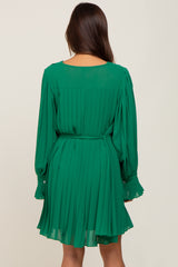 Green Pleated Waist Tie Long Sleeve Maternity Dress