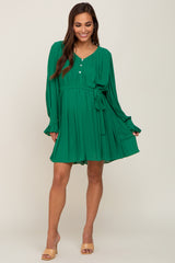 Green Pleated Waist Tie Long Sleeve Maternity Dress