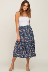 Blue Floral Smocked Midi Skirt