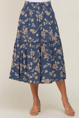 Blue Floral Smocked Midi Skirt