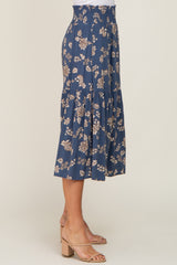 Blue Floral Smocked Midi Skirt