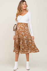 Camel Floral Smocked Maternity Midi Skirt