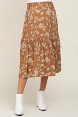 Camel Floral Smocked Maternity Midi Skirt