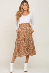 Camel Floral Smocked Maternity Midi Skirt