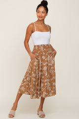 Camel Floral Smocked Midi Skirt