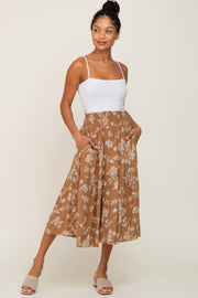 Camel Floral Smocked Midi Skirt