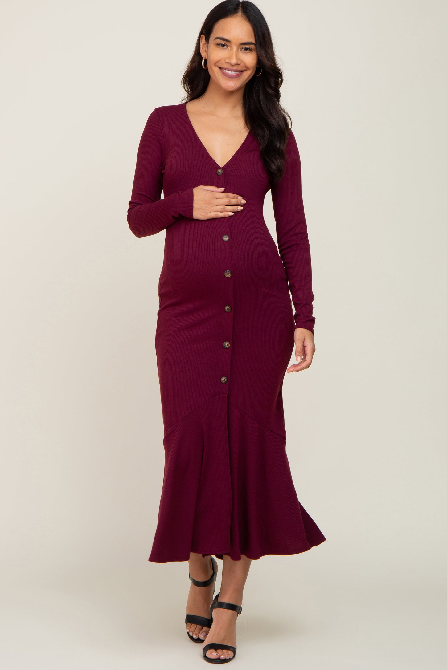 Burgundy Ribbed Button Down Long Sleeve Maternity Dress – PinkBlush