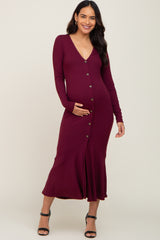 Burgundy Ribbed Button Down Long Sleeve Maternity Dress