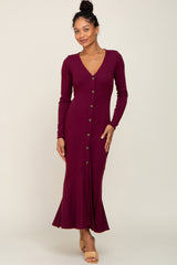 Burgundy Ribbed Button Down Long Sleeve Maternity Dress