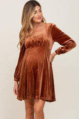 Camel Velvet Ruched Top Maternity Dress