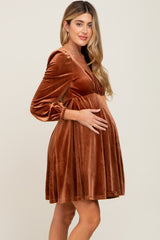 Camel Velvet Ruched Top Maternity Dress