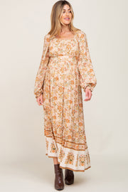 Cream Floral Button Down Accent Maternity Maxi Dress