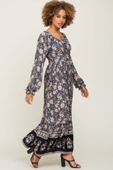 Navy Floral Button Down Accent Maxi Dress