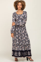 Navy Floral Button Down Accent Maxi Dress