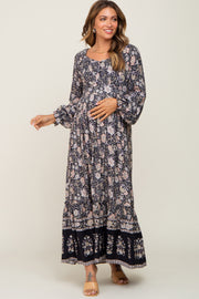 Navy Floral Button Down Accent Maternity Maxi Dress