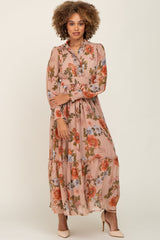 Mauve Floral Chiffon Ruffle Accent Dress