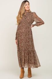 Brown Animal Print Chiffon Ruffle Accent Maternity Dress