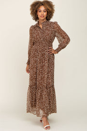 Brown Animal Print Chiffon Ruffle Accent Dress