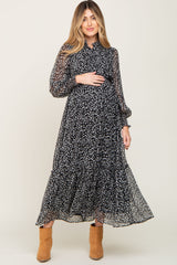 Black Animal Print Chiffon Ruffle Accent Maternity Dress