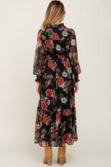 Black Floral Chiffon Ruffle Accent Maternity Dress