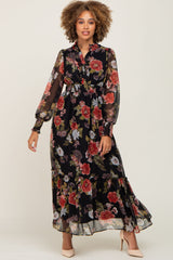 Black Floral Chiffon Ruffle Accent Dress