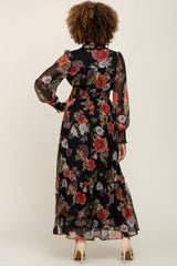 Black Floral Chiffon Ruffle Accent Dress