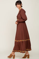 Brown Floral Embroidered Ruffle Maxi Dress