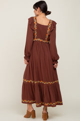 Brown Floral Embroidered Ruffle Maxi Dress