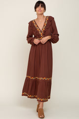 Brown Floral Embroidered Ruffle Maxi Dress