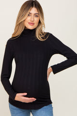 Black Long Sleeve Ribbed Turtleneck Maternity Top