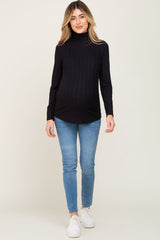 Black Long Sleeve Ribbed Turtleneck Maternity Top