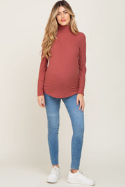 Mauve Long Sleeve Ribbed Turtleneck Maternity Top