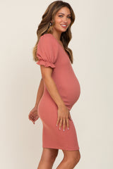 Rust Smocked Short Puff Sleeve Maternity Dress