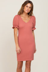 Rust Smocked Short Puff Sleeve Maternity Dress