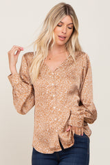 Camel Abstract Print Button Down Satin Maternity Top