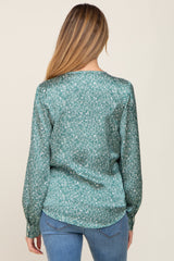 Green Abstract Print Button Down Satin Maternity Top