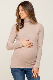 Mocha Heathered Ribbed Mock Neck Long Sleeve Maternity Top