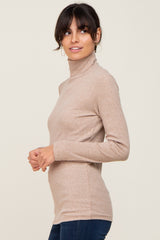 Mocha Heathered Ribbed Mock Neck Long Sleeve Top